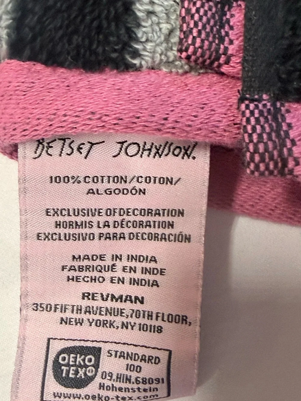 Betsey Johnson Black, Gray & Pink Striped Hand Towels with Pink Bat Motif